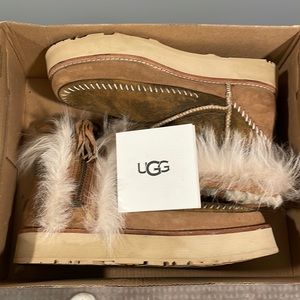 NEW UGG FLUFF PUNK BOOT CHESTNUT LEATHER SHEEPSKIN STITCH WOMENS ZIP BOOTS sz 7